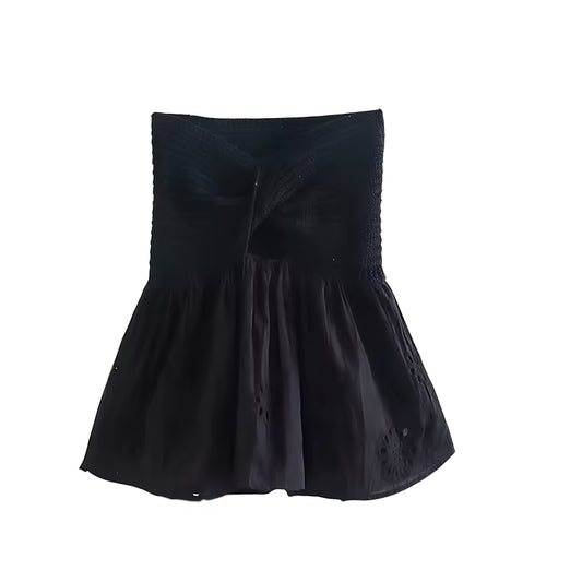 Black Crochet Knitted Strapless Eyelet Embroidered Camisole Top Slim Fit Corset Bustier Crop Tank Top Blouse with Sweetheart Neckline Peplum Flared Ruffle Trim Plissé Pleated Sleeveless Backless Bandeau Women Teens Summer 2025 Euro Summer Ibiza Style Stockholm Fashion It Girl That Girl