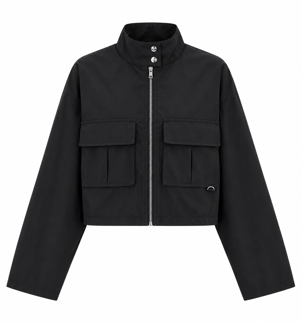 Front view black cropped mock neck utility cargo jacket for women with silver metallic front zipper, high stand collar, snap buttons, oversized flap patch chest pockets, silver D-ring detail, long sleeves, drop shoulders and relaxed boxy fit. Trendy Fall Winter 2026 black cargo jacket for 90s retro streetwear, Scandi, Stockholm, Parisian, high street, baddie, old money, grunge, gothic, emo, alt, casual, everyday, concert and going out outfits.

