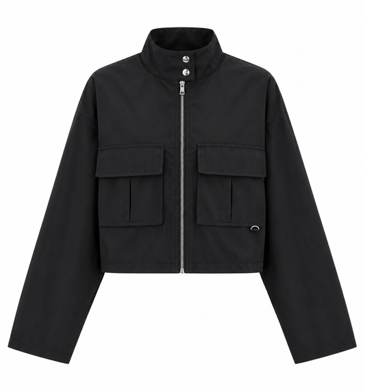 Front view black cropped mock neck utility cargo jacket for women with silver metallic front zipper, high stand collar, snap buttons, oversized flap patch chest pockets, silver D-ring detail, long sleeves, drop shoulders and relaxed boxy fit. Trendy Fall Winter 2026 black cargo jacket for 90s retro streetwear, Scandi, Stockholm, Parisian, high street, baddie, old money, grunge, gothic, emo, alt, casual, everyday, concert and going out outfits.

