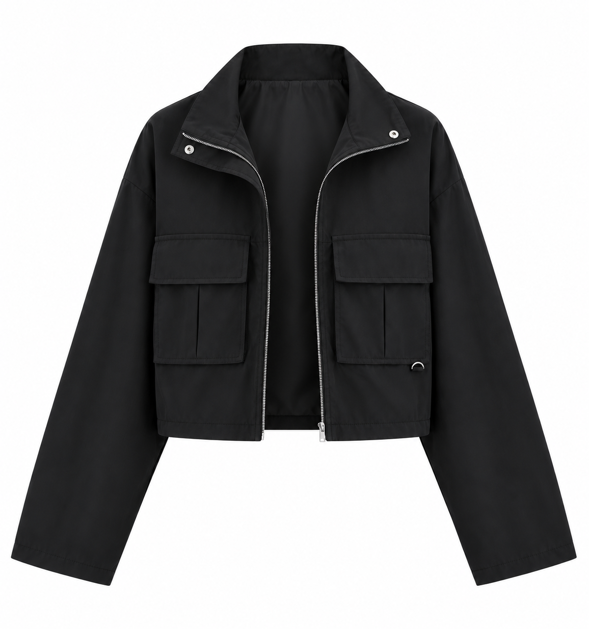 Open front view black cropped mock neck utility cargo jacket for women with silver metallic zipper, snap collar, high neck, oversized flap patch chest pockets, D-ring hardware, long sleeves, drop shoulders and boxy relaxed fit. Women’s black cargo bomber and field jacket for Fall Winter 2026, 90s retro fashion, Scandi, Stockholm, Parisian, streetwear, high street, baddie, grunge, gothic, emo, alt, casual, concert, club and going out outfits.