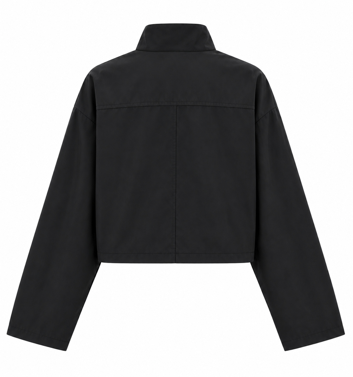 Back view black cropped utility cargo jacket for women featuring a high mock neck stand collar, long sleeves, drop shoulders, straight cropped hem, minimalist back seams and relaxed boxy silhouette. Black Fall Winter 2026 lightweight jacket for casual streetwear, 90s fashion, retro style, Scandinavian and Stockholm style, Parisian fashion, high street, model off duty, baddie, grunge, goth, emo, alt and everyday outfits.