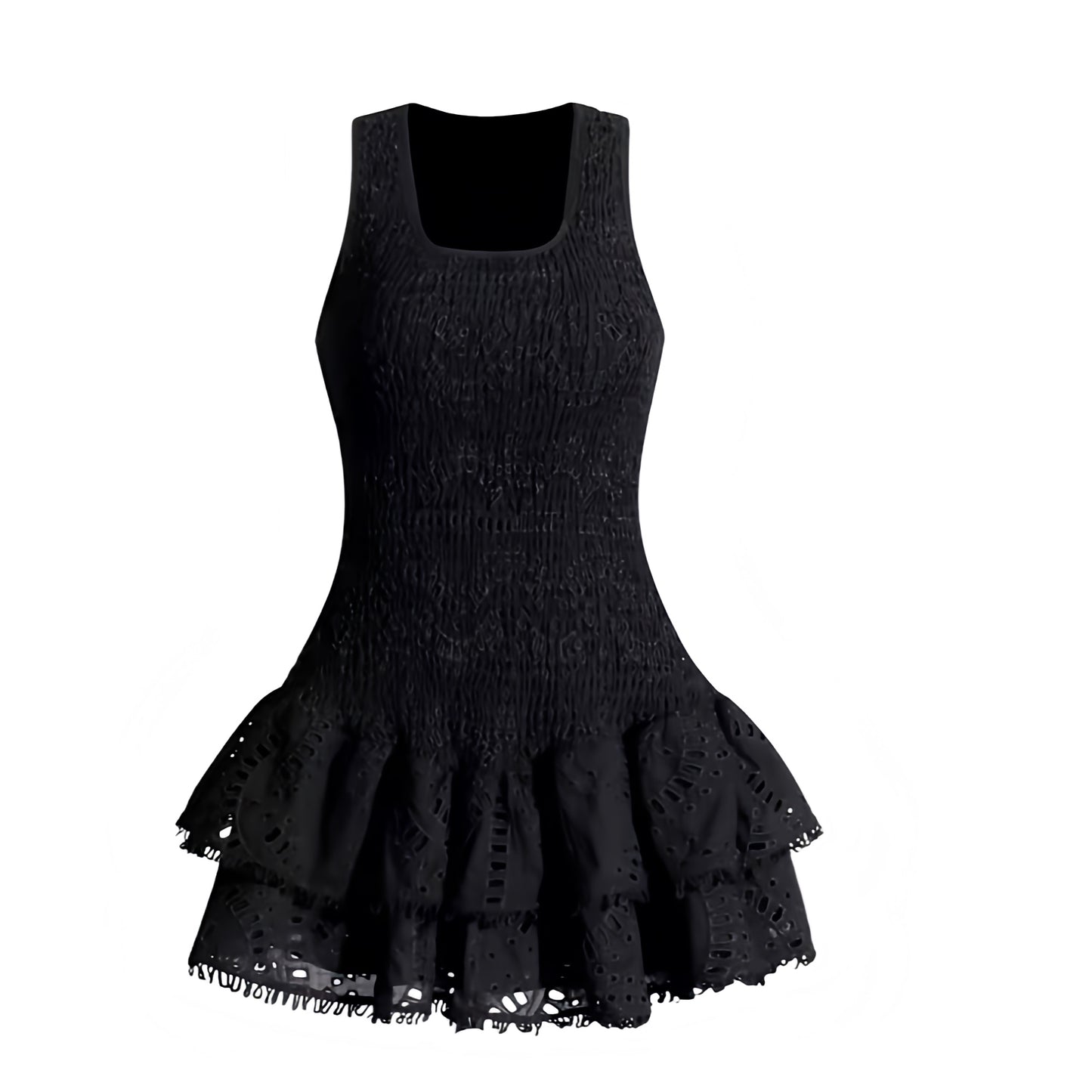 Black eyelet embroidered layered ruffle smocked sleeveless mini dress with square neckline, scalloped crochet anglaise floral details, slim fit bodycon silhouette, tiered flared skirt, chic and elegant boho sundress for women and teens. Perfect for Euro Summer, Ibiza style, Mediterranean resort wear, Hamptons brunch, Nantucket style, sorority rush, prom, homecoming, graduation, wedding guest, gala, cocktail party or evening fashion. Ships worldwide globally to USA, Australia, UK, Canada, Germany, Europe