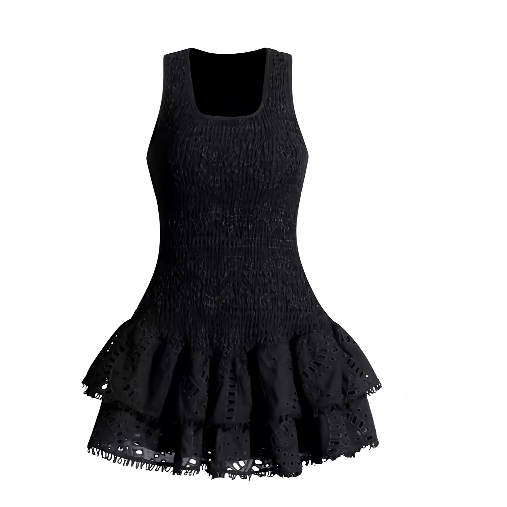 Black eyelet embroidered layered ruffle smocked sleeveless mini dress with square neckline, scalloped crochet anglaise floral details, slim fit bodycon silhouette, tiered flared skirt, chic and elegant boho sundress for women and teens. Perfect for Euro Summer, Ibiza style, Mediterranean resort wear, Hamptons brunch, Nantucket style, sorority rush, prom, homecoming, graduation, wedding guest, gala, cocktail party or evening fashion. Ships worldwide globally to USA, Australia, UK, Canada, Germany, Europe