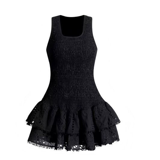 Black eyelet embroidered layered ruffle smocked sleeveless mini dress with square neckline, scalloped crochet anglaise floral details, slim fit bodycon silhouette, tiered flared skirt, chic and elegant boho sundress for women and teens. Perfect for Euro Summer, Ibiza style, Mediterranean resort wear, Hamptons brunch, Nantucket style, sorority rush, prom, homecoming, graduation, wedding guest, gala, cocktail party or evening fashion. Ships worldwide globally to USA, Australia, UK, Canada, Germany, Europe