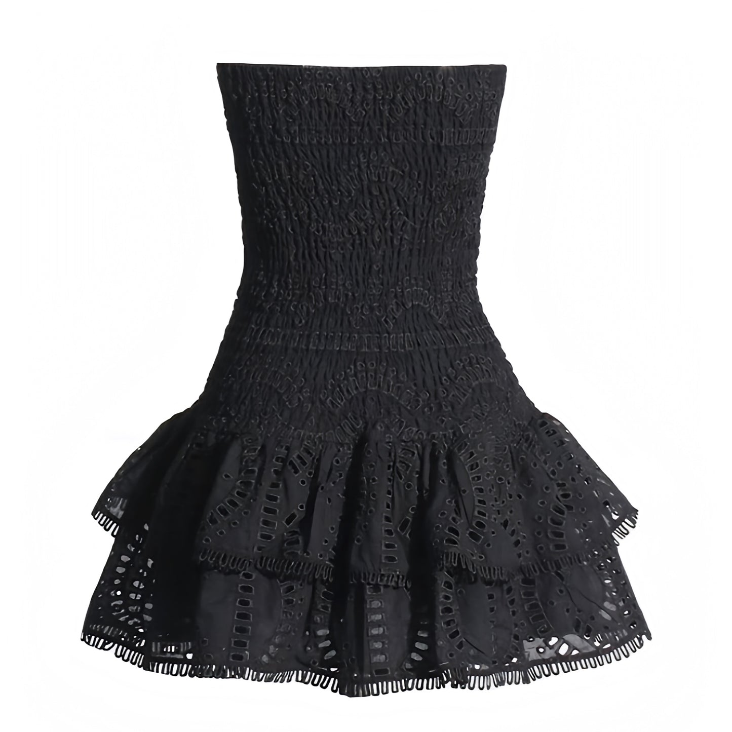 Black eyelet embroidered strapless smocked mini dress with layered ruffle trim and tiered flared skirt. Solid black floral anglaise patterned detail with slim fit bodycon corset bustier silhouette, ruched shirred bodice and sweetheart neckline. Chic summer sundress for womens teens ladies perfect for party dress prom hoco homecoming graduation beach vacation ibiza style boho chic resort wear coastal aesthetic euro summer loveshackfancy dupe zimmermann dupe.