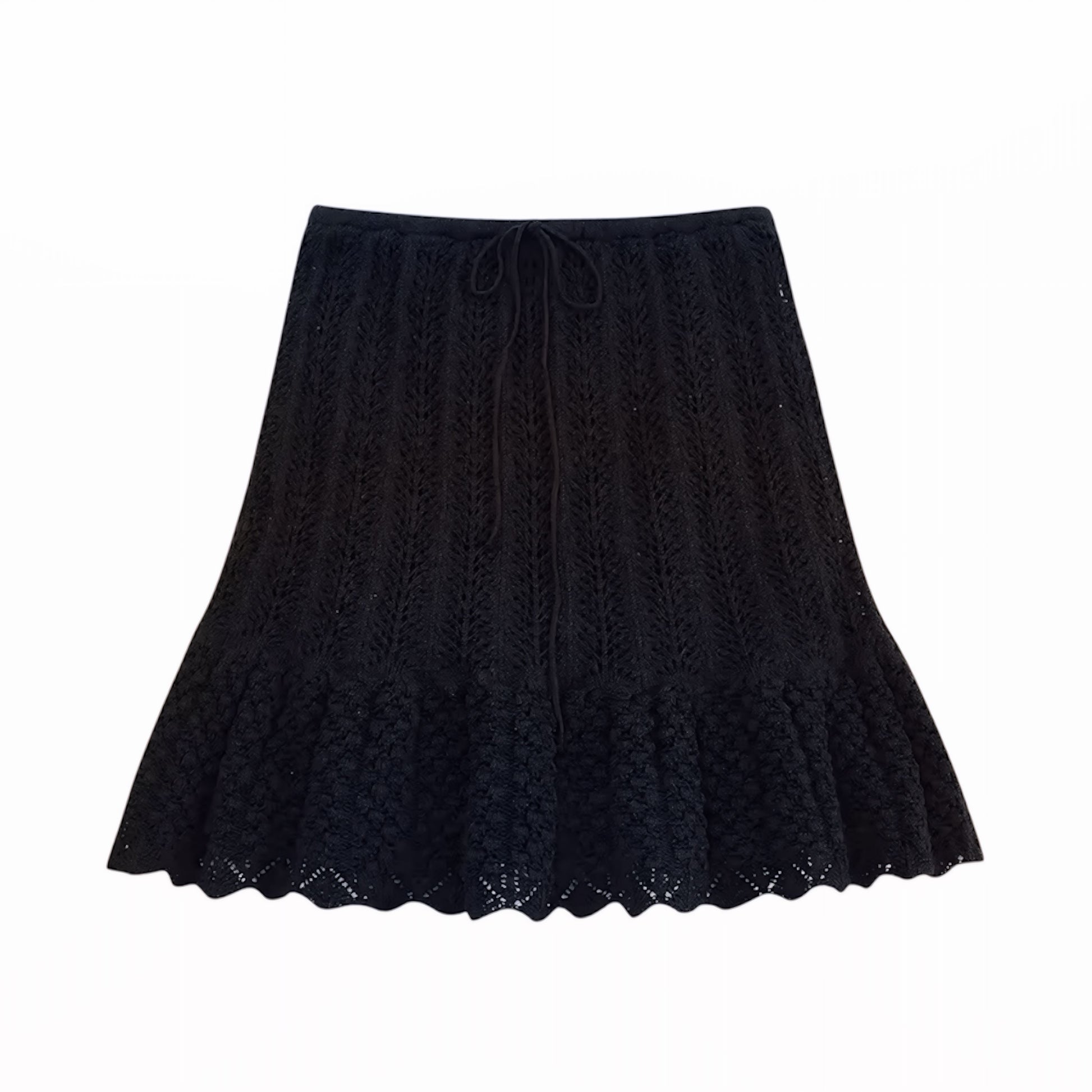 Black eyelet knit crochet ruffle trim high-rise mini skirt for women, teens, and ladies. Knitted embroidered floral and geometric patterned design with slim fit A-line sheath silhouette, scalloped hem, layered ruffles, tiered pleated flared details, and flowy feminine style. Short high-waisted mini skirt perfect for summer 2025 holidays, vacations, beach club, Euro summer, Mediterranean Greece, Ibiza style, boho chic, Stockholm fashion, coastal granddaughter and preppy style. Ideal for casual everyday.