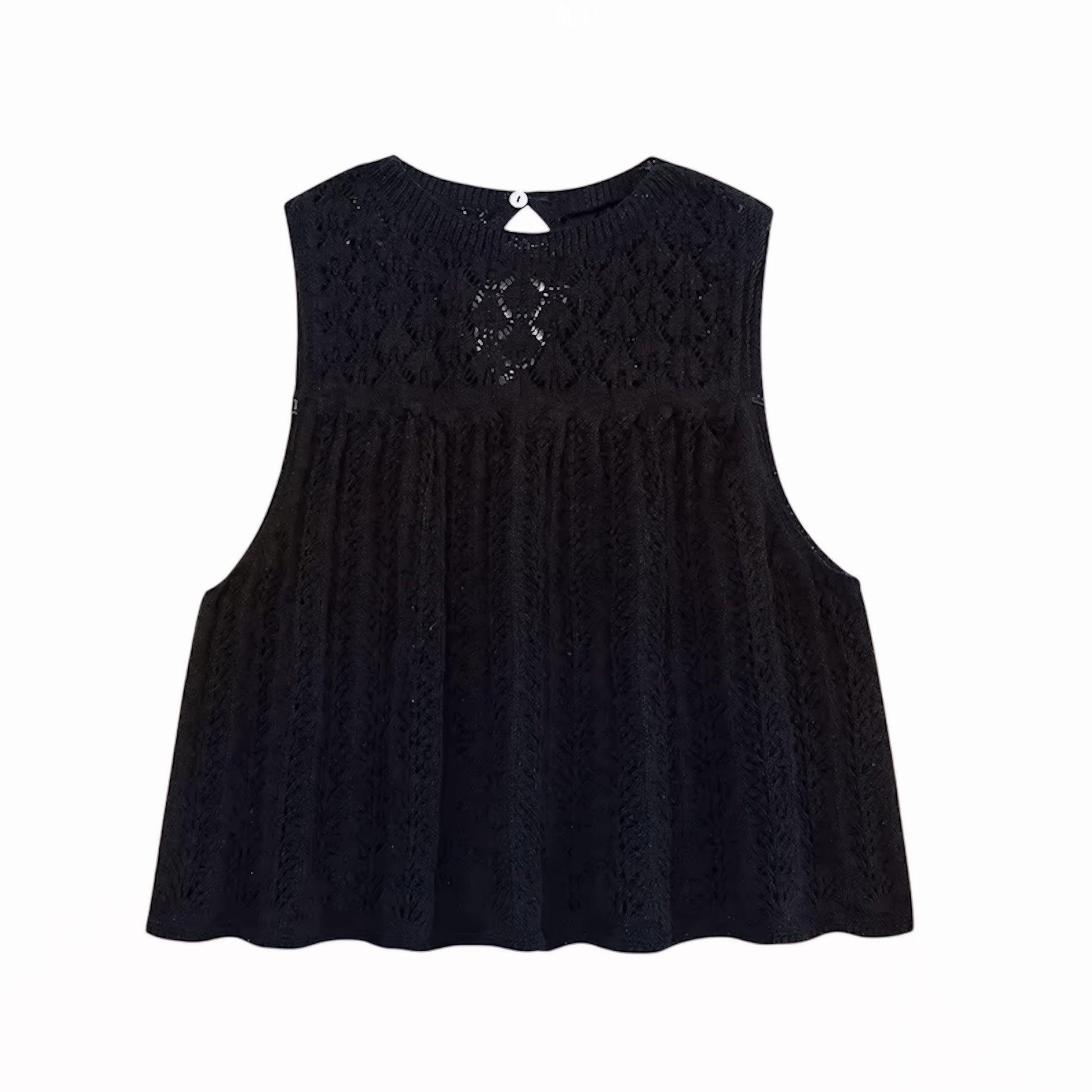 Black eyelet knit crochet sleeveless hollow-out crop top for women, teens, and ladies. Knitted embroidered floral and geometric patterned crochet blouse with slim fit silhouette, cut-out hollow-out details, round neck, sleeveless cut, and translucent knitwear design. Backless chic crop top perfect for summer 2025 holidays, vacations, Euro summer, Ibiza beach style, boho chic, Stockholm streetwear, Mediterranean coastal granddaughter fashion, Greece resort wear, everyday chic, sexy party looks, club wear