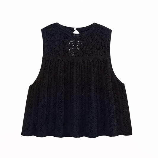 Black eyelet knit crochet sleeveless hollow-out crop top for women, teens, and ladies. Knitted embroidered floral and geometric patterned crochet blouse with slim fit silhouette, cut-out hollow-out details, round neck, sleeveless cut, and translucent knitwear design. Backless chic crop top perfect for summer 2025 holidays, vacations, Euro summer, Ibiza beach style, boho chic, Stockholm streetwear, Mediterranean coastal granddaughter fashion, Greece resort wear, everyday chic, sexy party looks, club wear