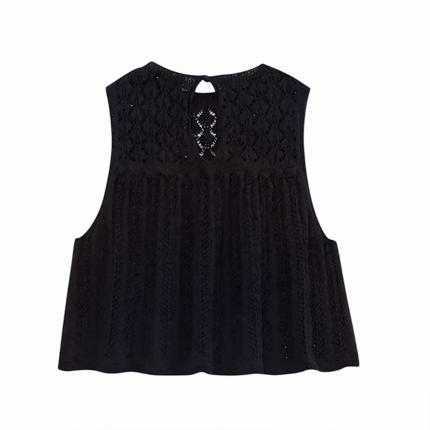 Black eyelet knit crochet sleeveless hollow-out crop top for women, teens, and ladies. Knitted embroidered floral and geometric patterned crochet blouse with slim fit silhouette, cut-out hollow-out details, round neck, sleeveless cut, and translucent knitwear design. Backless chic crop top perfect for summer 2025 holidays, vacations, Euro summer, Ibiza beach style, boho chic, Stockholm streetwear, Mediterranean coastal granddaughter fashion, Greece resort wear, everyday chic, sexy party looks, club wear