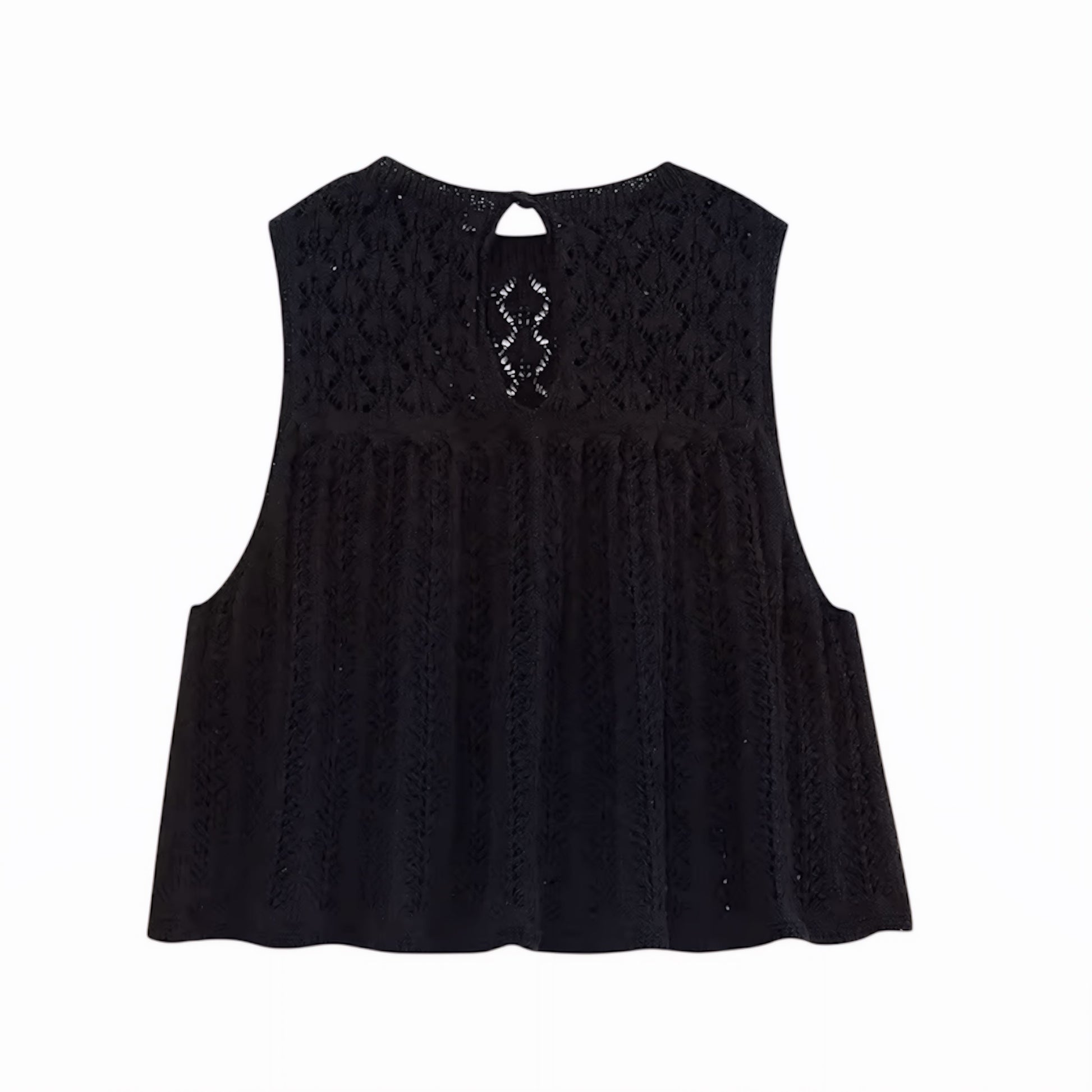 Black eyelet knit crochet sleeveless hollow-out crop top for women, teens, and ladies. Knitted embroidered floral and geometric patterned crochet blouse with slim fit silhouette, cut-out hollow-out details, round neck, sleeveless cut, and translucent knitwear design. Backless chic crop top perfect for summer 2025 holidays, vacations, Euro summer, Ibiza beach style, boho chic, Stockholm streetwear, Mediterranean coastal granddaughter fashion, Greece resort wear, everyday chic, sexy party looks, club wear