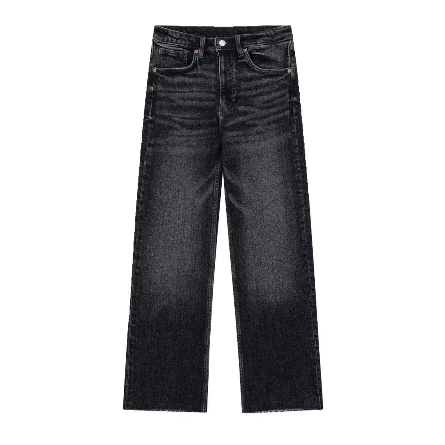 Black faded mid-rise wide leg denim jeans for women featuring a full-length silhouette, relaxed fit, and structured cotton blend fabric with a vintage-inspired wash. Designed for comfort and effortless style, these jeans blend modern minimalism with classic streetwear. Ideal for all seasons—spring, summer, fall, and winter 2025. Perfect for casual, chic, or clean-girl outfits. Ships globally and worldwide to the US, UK, Canada, Australia, and Europe.