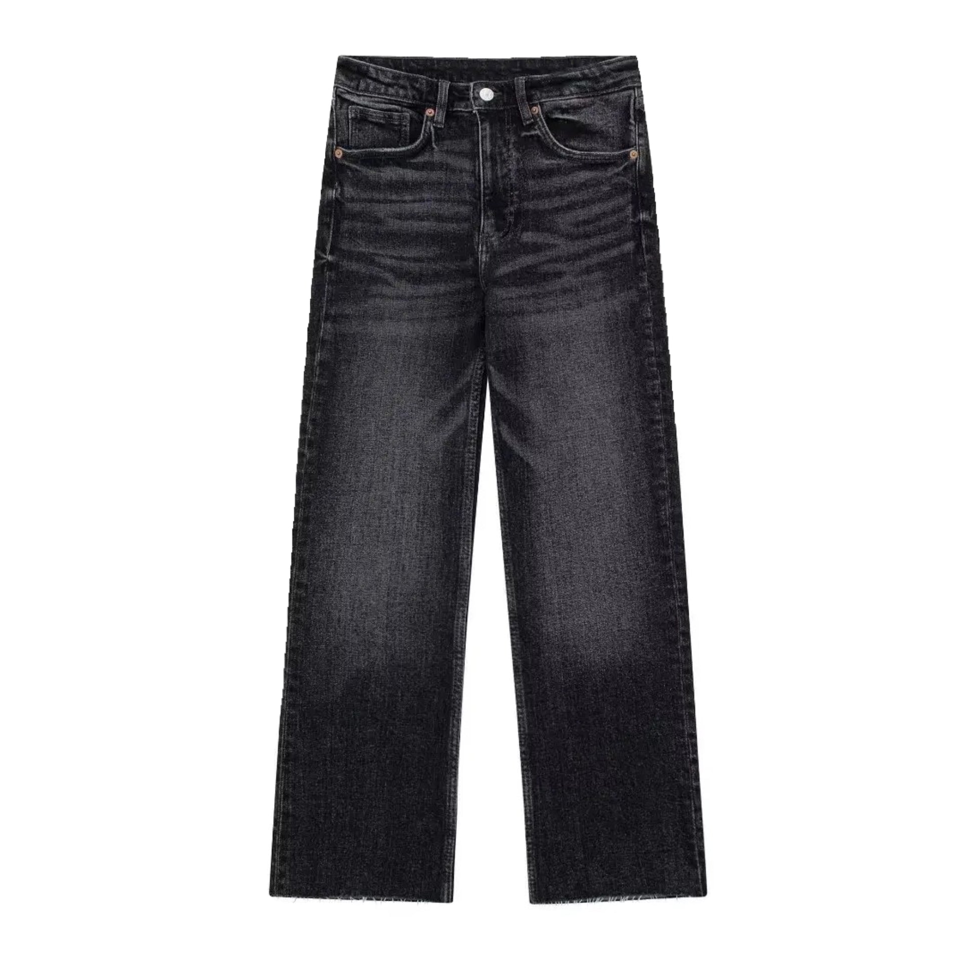 Black faded mid-rise wide leg denim jeans for women featuring a full-length silhouette, relaxed fit, and structured cotton blend fabric with a vintage-inspired wash. Designed for comfort and effortless style, these jeans blend modern minimalism with classic streetwear. Ideal for all seasons—spring, summer, fall, and winter 2025. Perfect for casual, chic, or clean-girl outfits. Ships globally and worldwide to the US, UK, Canada, Australia, and Europe.