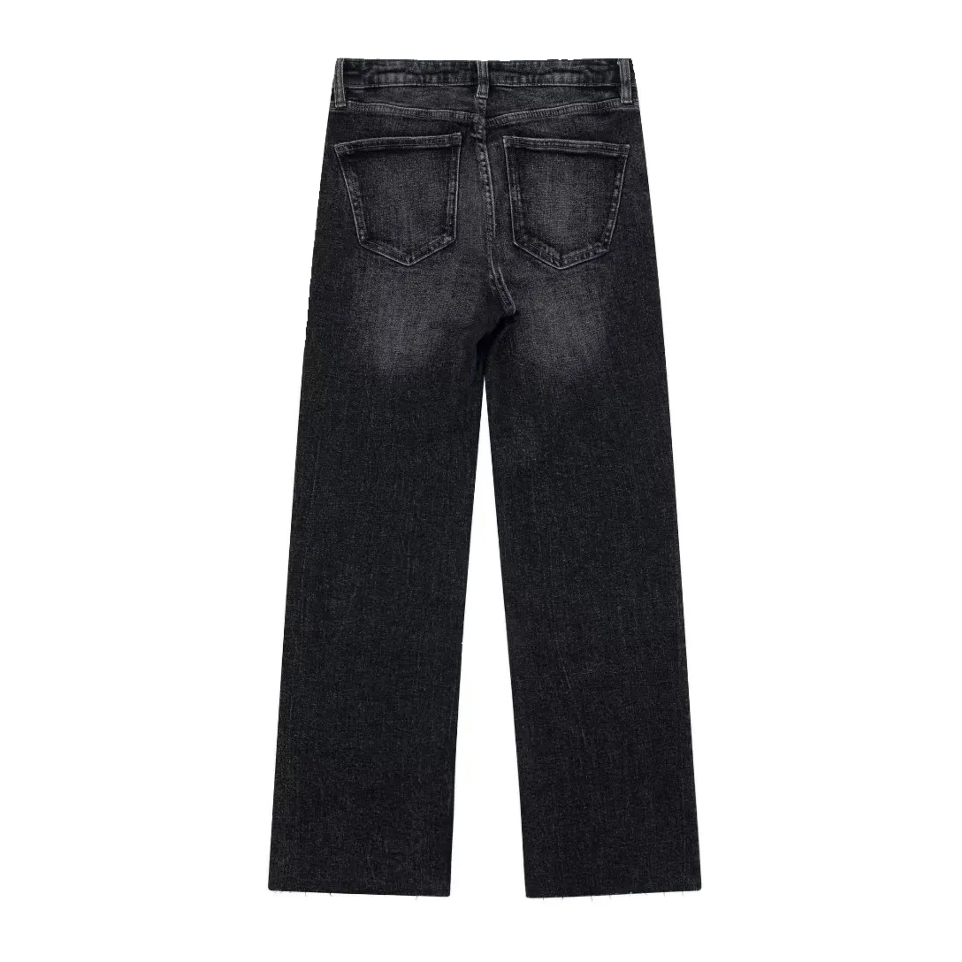 Black faded mid-rise wide leg denim jeans for women featuring a full-length silhouette, relaxed fit, and structured cotton blend fabric with a vintage-inspired wash. Designed for comfort and effortless style, these jeans blend modern minimalism with classic streetwear. Ideal for all seasons—spring, summer, fall, and winter 2025. Perfect for casual, chic, or clean-girl outfits. Ships globally and worldwide to the US, UK, Canada, Australia, and Europe.