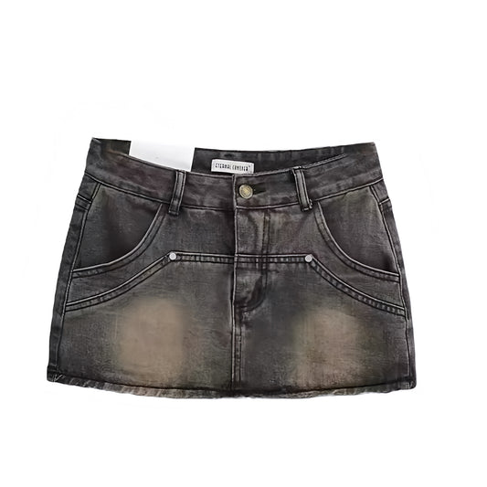 Black faded vintage denim mini skirt with studded details. Slim fit low rise bodycon a line silhouette short jean skirt with pockets. Retro western country girl chic Y2K feminine fashion. Perfect for casual everyday wear, summer fall street wear, sorority rush, school, party, rave, concert, festival, sexy club wear, boho chic, Stockholm style, night out looks, and going out outfits. Ships globally worldwide to USA, UK, Canada, Australia, New Zealand, Germany, France, Ireland, Denmark, Sweden, Europe 