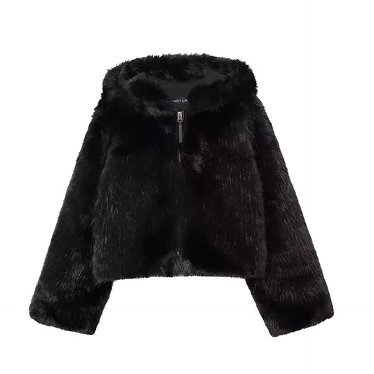 Black faux fur long sleeve cropped hooded zip-up jacket for women with satin lining, metallic zipper, soft fuzzy texture, cozy warm lightweight breathable feel, luxury winter 2025 coat with pockets. Feminine Y2K streetwear jacket perfect for night out, party, ski trips, apres ski style, concerts, festivals, and everyday wear. Ships worldwide to the US, Australia, UK, Canada, Europe, and Asia.
