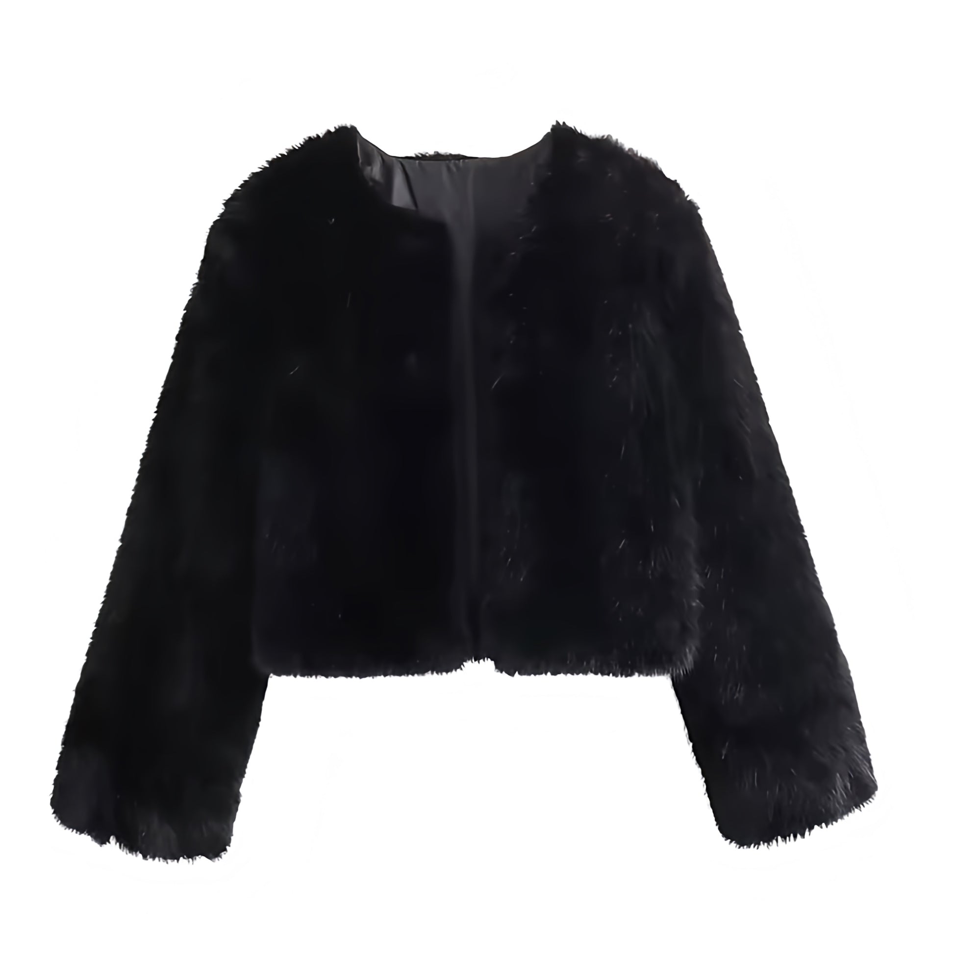 Black faux fur cropped jacket for women and teens, satin lined fuzzy soft cozy oversized thick long sleeve luxury fur coat with round neckline split neck crewneck, elegant feminine trendy Y2K chic outerwear for fall autumn winter 2025, stylish Copenhagen Scandinavian streetwear look for ski trip après ski party night out clubwear concert festival, with global worldwide shipping to US UK Canada Australia Europe and Asia.