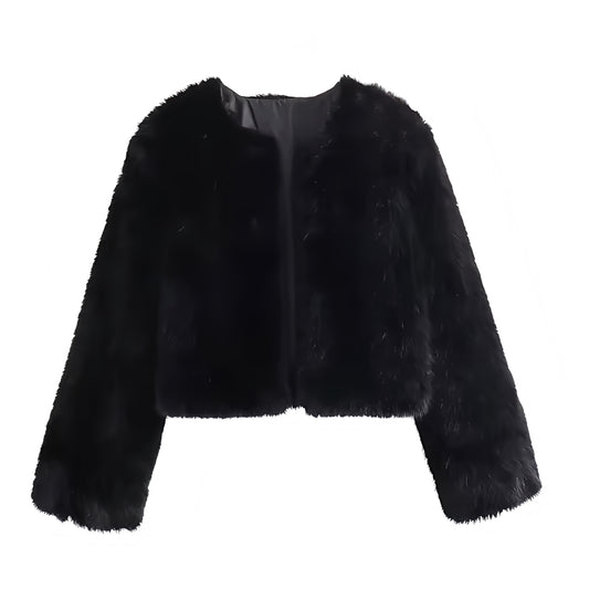 Black faux fur cropped jacket for women and teens, satin lined fuzzy soft cozy oversized thick long sleeve luxury fur coat with round neckline split neck crewneck, elegant feminine trendy Y2K chic outerwear for fall autumn winter 2025, stylish Copenhagen Scandinavian streetwear look for ski trip après ski party night out clubwear concert festival, with global worldwide shipping to US UK Canada Australia Europe and Asia.