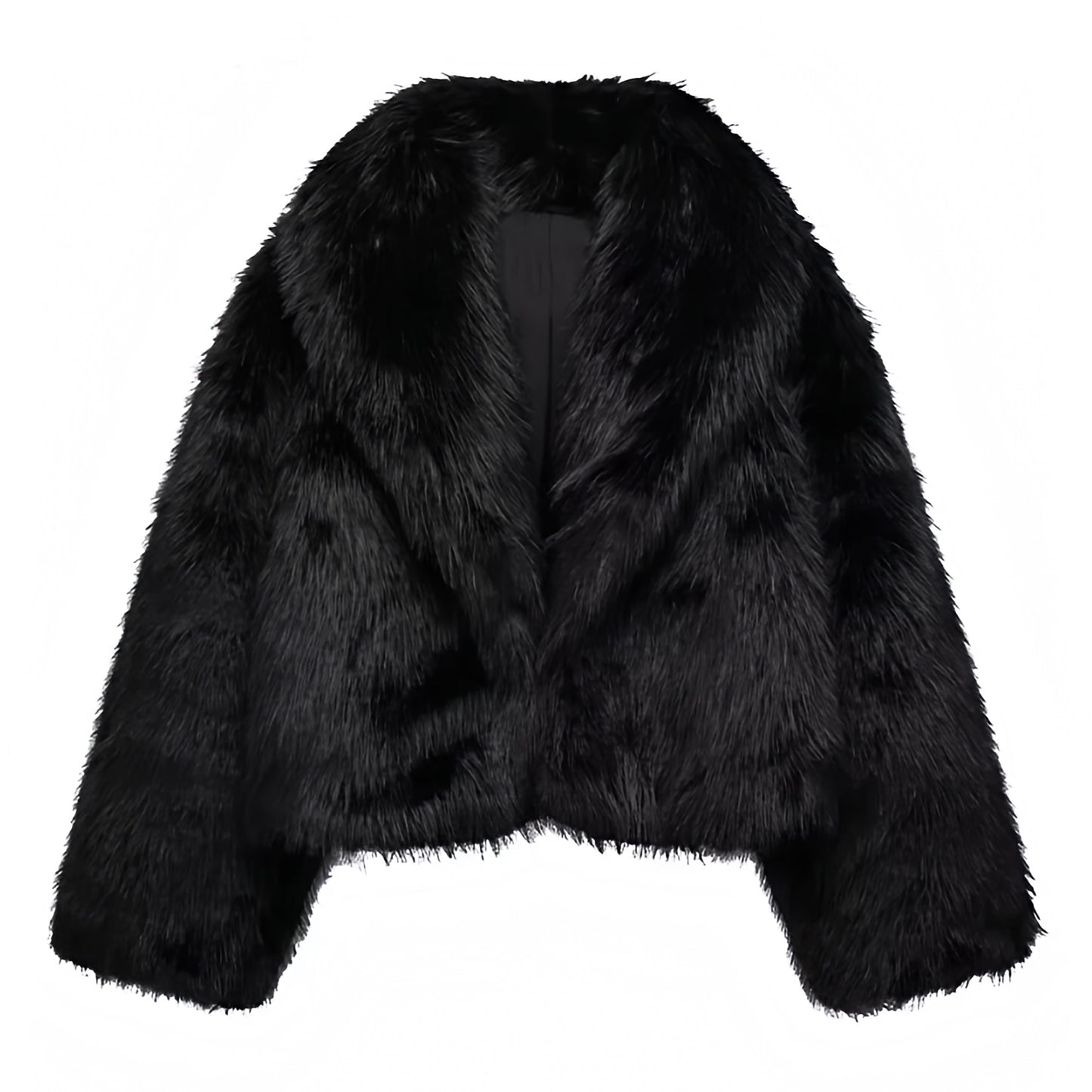 Black faux fur oversized cropped jacket with collared v-neck design for women and teens, satin lined fuzzy soft cozy thick luxury faux fur coat with long sleeves, elegant feminine trendy Y2K chic fashionable outerwear for fall autumn winter 2025, stylish Scandinavian Copenhagen streetwear ski outfit apres ski night out cool girl it girl party festival look, with global worldwide shipping to US UK Canada Australia Europe and Asia.