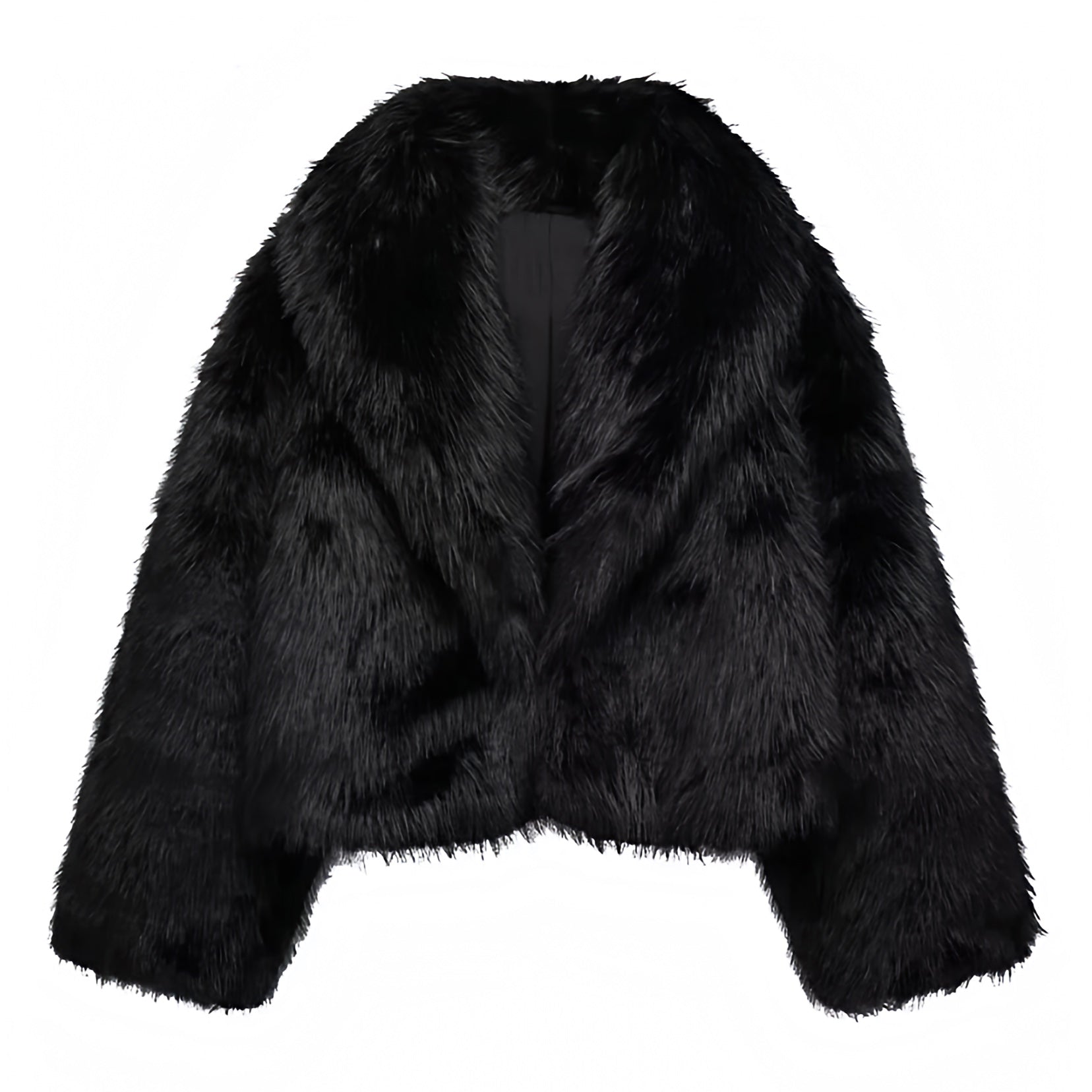Black faux fur oversized cropped jacket with collared v-neck design for women and teens, satin lined fuzzy soft cozy thick luxury faux fur coat with long sleeves, elegant feminine trendy Y2K chic fashionable outerwear for fall autumn winter 2025, stylish Scandinavian Copenhagen streetwear ski outfit apres ski night out cool girl it girl party festival look, with global worldwide shipping to US UK Canada Australia Europe and Asia.