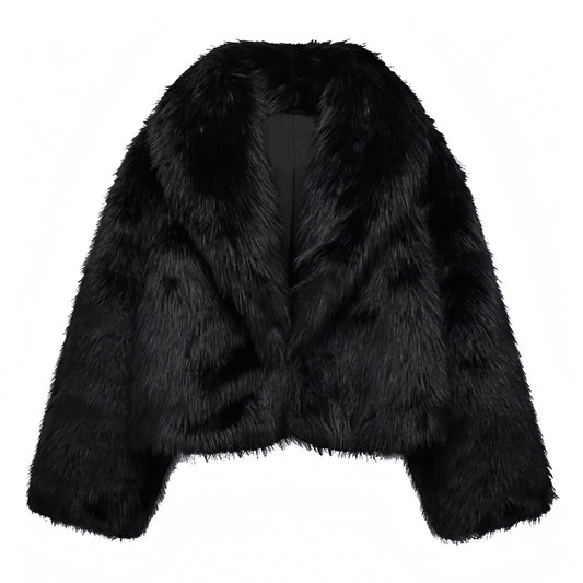 Black faux fur oversized cropped jacket with collared v-neck design for women and teens, satin lined fuzzy soft cozy thick luxury faux fur coat with long sleeves, elegant feminine trendy Y2K chic fashionable outerwear for fall autumn winter 2025, stylish Scandinavian Copenhagen streetwear ski outfit apres ski night out cool girl it girl party festival look, with global worldwide shipping to US UK Canada Australia Europe and Asia.