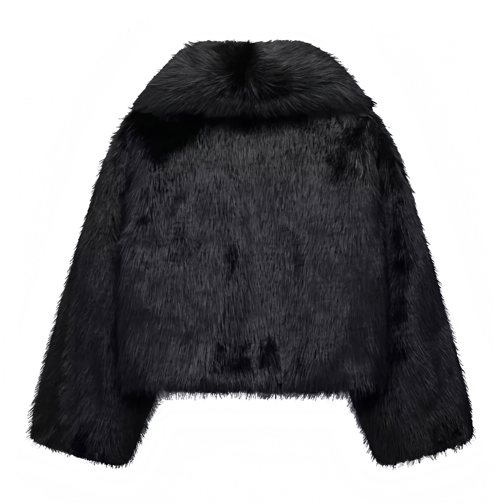 Black faux fur oversized cropped jacket with collared v-neck design for women and teens, satin lined fuzzy soft cozy thick luxury faux fur coat with long sleeves, elegant feminine trendy Y2K chic fashionable outerwear for fall autumn winter 2025, stylish Scandinavian Copenhagen streetwear ski outfit apres ski night out cool girl it girl party festival look, with global worldwide shipping to US UK Canada Australia Europe and Asia.