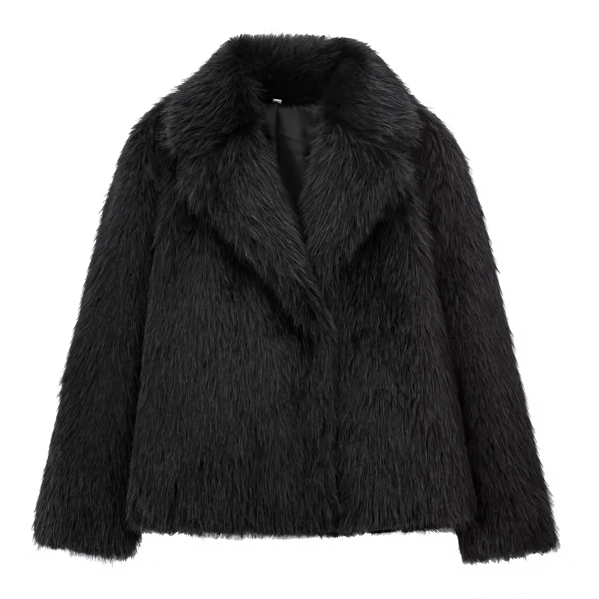 Black faux fur oversized long sleeve jacket for women and teens, satin lined fuzzy soft cozy warm thick luxury fur coat with collared v-neck split neck design, elegant feminine trendy Y2K chic fashionable outerwear for fall autumn winter 2025, stylish Scandinavian Copenhagen streetwear ski outfit après ski night out cool girl it girl fashion, global worldwide shipping to US UK Canada Australia Europe and Asia.