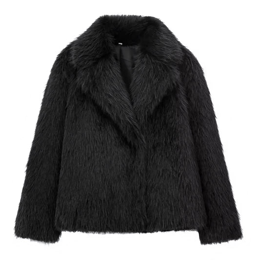 Black faux fur oversized long sleeve jacket for women and teens, satin lined fuzzy soft cozy warm thick luxury fur coat with collared v-neck split neck design, elegant feminine trendy Y2K chic fashionable outerwear for fall autumn winter 2025, stylish Scandinavian Copenhagen streetwear ski outfit après ski night out cool girl it girl fashion, global worldwide shipping to US UK Canada Australia Europe and Asia.