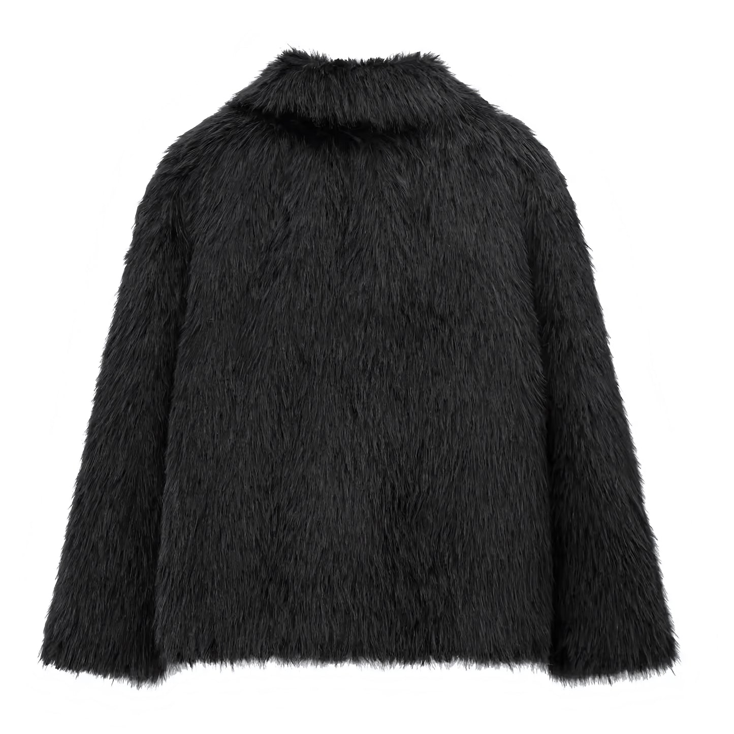 Black faux fur oversized long sleeve jacket for women and teens, satin lined fuzzy soft cozy warm thick luxury fur coat with collared v-neck split neck design, elegant feminine trendy Y2K chic fashionable outerwear for fall autumn winter 2025, stylish Scandinavian Copenhagen streetwear ski outfit après ski night out cool girl it girl fashion, global worldwide shipping to US UK Canada Australia Europe and Asia.
