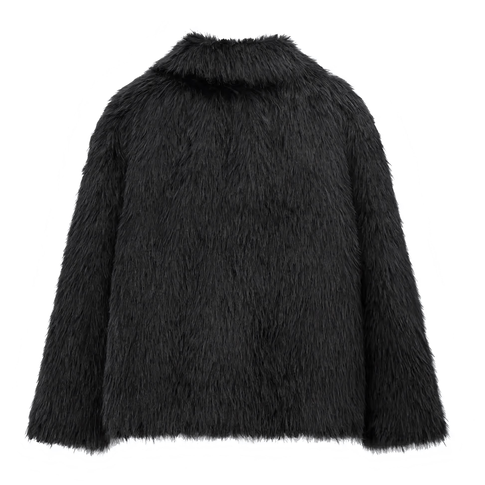 Black faux fur oversized long sleeve jacket for women and teens, satin lined fuzzy soft cozy warm thick luxury fur coat with collared v-neck split neck design, elegant feminine trendy Y2K chic fashionable outerwear for fall autumn winter 2025, stylish Scandinavian Copenhagen streetwear ski outfit après ski night out cool girl it girl fashion, global worldwide shipping to US UK Canada Australia Europe and Asia.