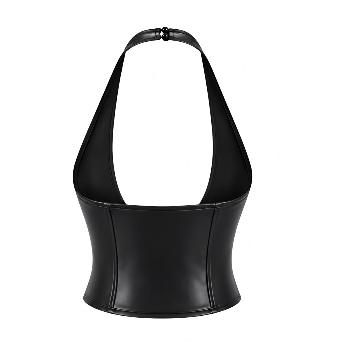 Black faux leather lace-up halter corset top with shiny wet-look leather-look finish, plunging deep V neckline, molded structured bust, crisscross lace-up front, silver-tone metal eyelets and grommet hardware, fitted waist, longline corset silhouette, halter neck and open upper back. Y2K 2000s bustier top for goth, gothic, cybergoth, punk, grunge, emo, opiumcore, rock chic, biker chic, baddie, clubwear, rave, festival, concert and Halloween 2026 Halloweekend outfits.