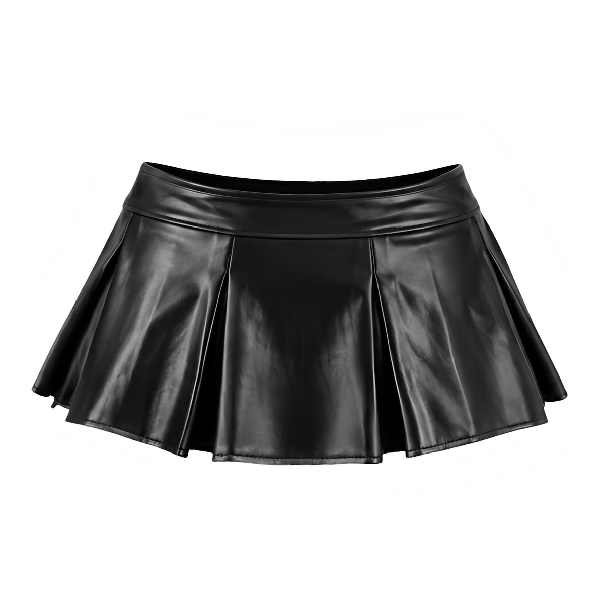 Black faux leather pleated low-rise micro mini skirt with shiny glossy patent leather latex-look finish, wide low waist waistband, structured knife and box pleats, flared A-line skater silhouette and ultra short hem. Women’s Y2K 2000s micro skirt for fall 2026, baddie, rock chic, rockstar GF, grunge, punk, goth, gothic, emo, cybergoth, opiumcore, dark academia, western, streetwear, club, party, NYE, rave, festival, concert, going out, date night and Halloween outfits.

