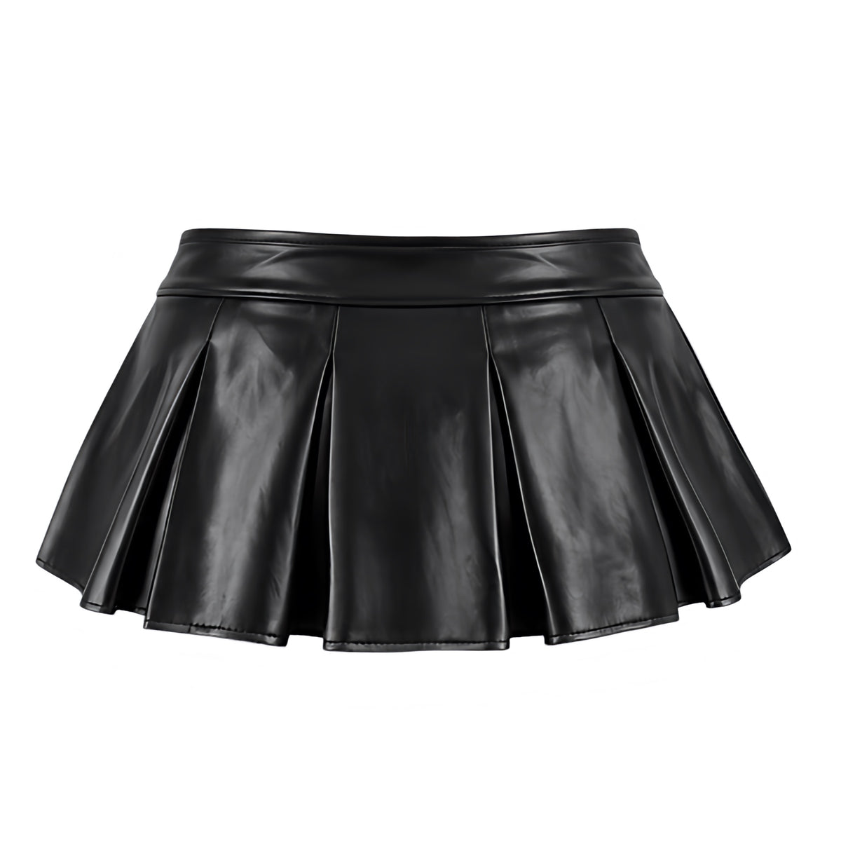 Black faux leather pleated low-rise micro mini skirt with shiny glossy patent leather latex-look finish, wide low waist waistband, structured knife and box pleats, flared A-line skater silhouette and ultra short hem. Women’s Y2K 2000s micro skirt for fall 2026, baddie, rock chic, rockstar GF, grunge, punk, goth, gothic, emo, cybergoth, opiumcore, dark academia, western, streetwear, club, party, NYE, rave, festival, concert, going out, date night and Halloween outfits.

