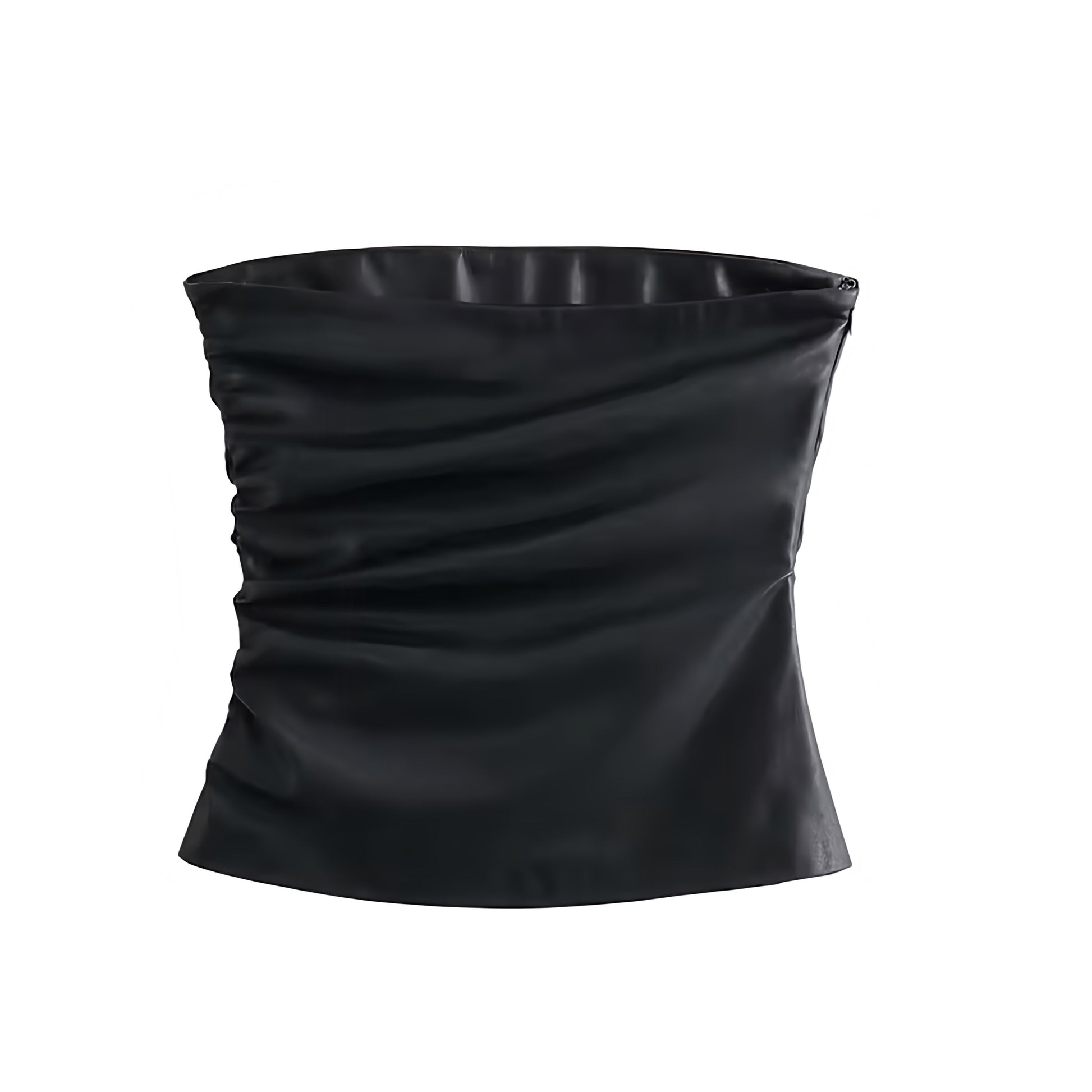 Black faux leather slim fit strapless tube top with ruched bodycon silhouette. Corset bustier-inspired bandeau crop top featuring square neckline, sleeveless solid chic design. Women’s and teens’ summer and fall 2025 fashion. Sexy Y2K trendy feminine coquette style for casual everyday, holiday, vacation, sorority rush, party, evening, night out, going out, sexy club wear, rave, festival, concert fashion. Ships worldwide to USA, Australia, New Zealand, UK, Canada, Germany, France, Ireland, Denmark, Europe 