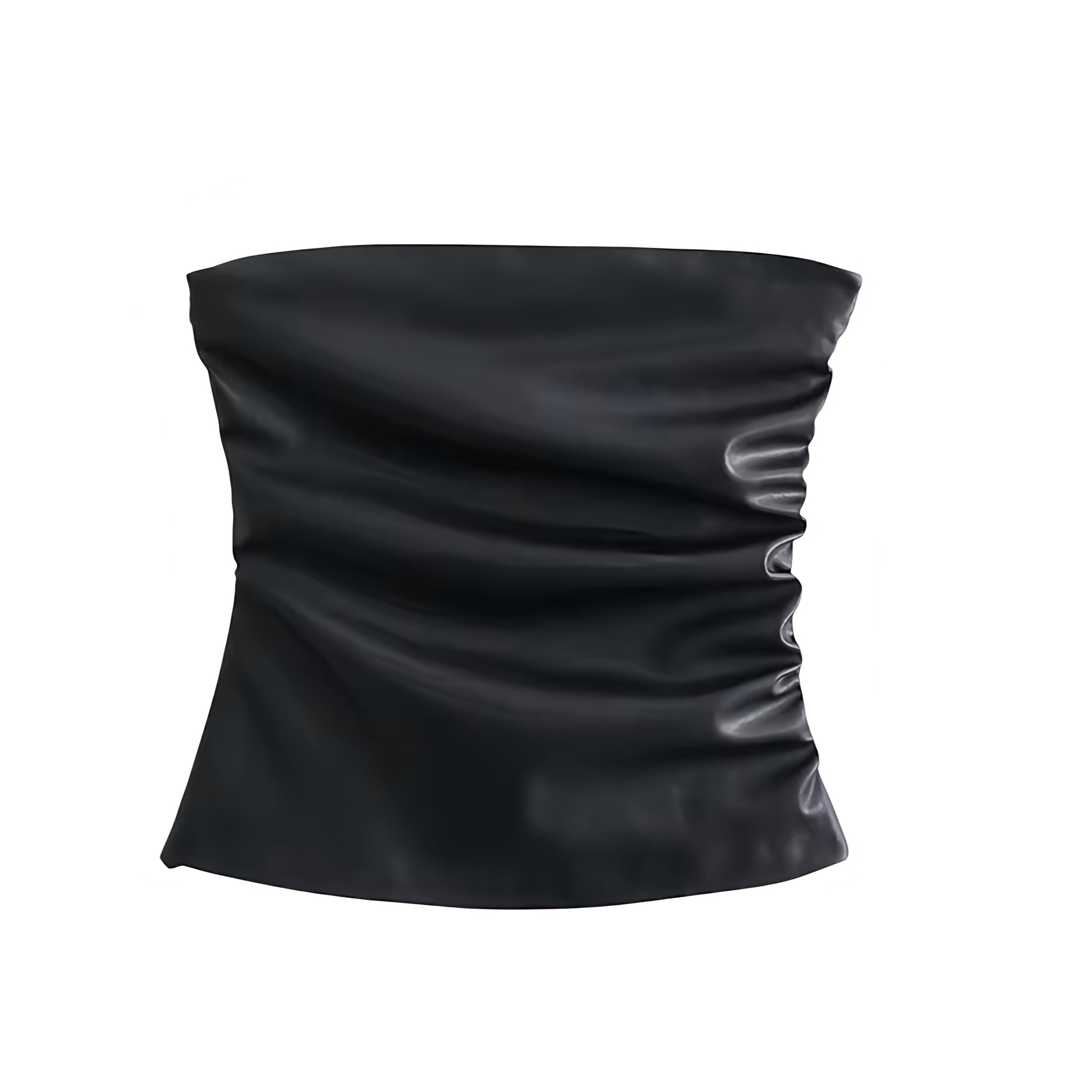 Black faux leather slim fit strapless tube top with ruched bodycon silhouette. Corset bustier-inspired bandeau crop top featuring square neckline, sleeveless solid chic design. Women’s and teens’ summer and fall 2025 fashion. Sexy Y2K trendy feminine coquette style for casual everyday, holiday, vacation, sorority rush, party, evening, night out, going out, sexy club wear, rave, festival, concert fashion. Ships worldwide to USA, Australia, New Zealand, UK, Canada, Germany, France, Ireland, Denmark, Europe 