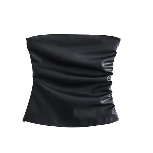 Black faux leather slim fit strapless tube top with ruched bodycon silhouette. Corset bustier-inspired bandeau crop top featuring square neckline, sleeveless solid chic design. Women’s and teens’ summer and fall 2025 fashion. Sexy Y2K trendy feminine coquette style for casual everyday, holiday, vacation, sorority rush, party, evening, night out, going out, sexy club wear, rave, festival, concert fashion. Ships worldwide to USA, Australia, New Zealand, UK, Canada, Germany, France, Ireland, Denmark, Europe 