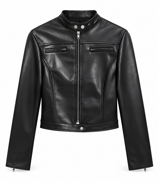 Black faux leather vintage-inspired cropped moto racer jacket for women with fitted slim fit, mock stand neck snap-tab collar, silver hardware, metallic front zipper, zippered chest pockets, long sleeves and zip cuffs. Y2K 2000s 90s biker motorcycle cafe racer jacket for Fall 2026, streetwear, baddie, rock chic, rockstar GF, grunge, punk, goth, gothic, emo, alt, cybergoth, western, cowgirl, boho, clubwear, concert and going out outfits.