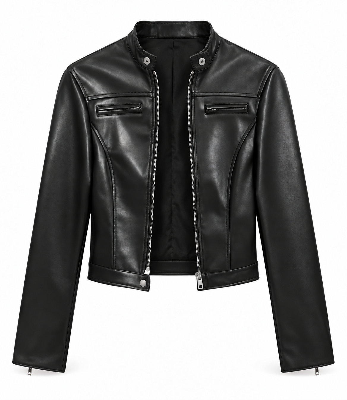 Open front view of black faux leather cropped cafe racer jacket for women featuring silver metallic zipper, double snap mock neck collar, zippered chest pockets, fitted paneled construction, long sleeves and zipper cuffs. Black Y2K moto biker motorcycle jacket for Fall 2026, 90s fashion, 2000s clothes, vintage retro style, baddie fits, rock chic, grunge, punk, goth, emo, alt, cybergoth, streetwear, club, concert, festival and night out outfits.
