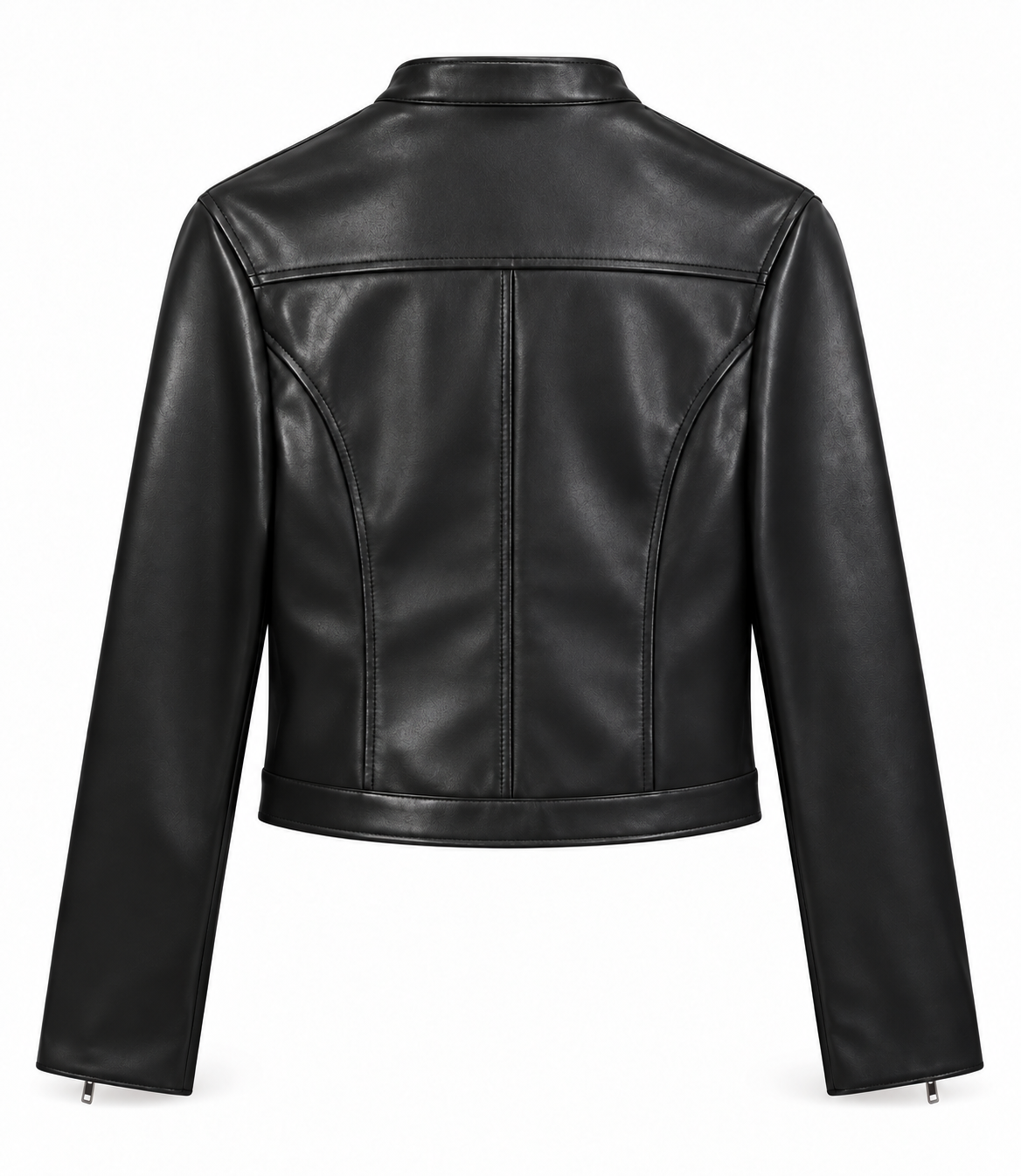 Back view of black faux leather cropped moto racer jacket for women with smooth leather-look finish, structured fitted waist, long sleeves, zip cuffs and paneled seam detailing. Vintage-inspired Y2K 2000s and 90s motorcycle biker cafe racer jacket for Fall Winter 2026, black streetwear, rock chic, rockstar GF, grunge, punk, goth, gothic, emo, alt, cybergoth, baddie, western, cowgirl and alternative fashion.