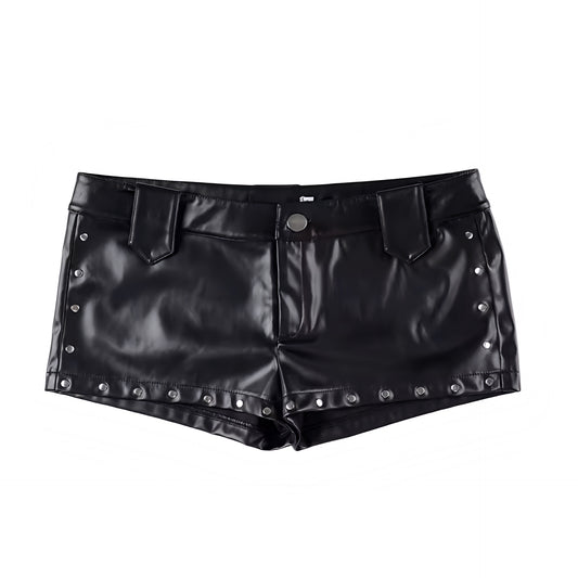 Black faux leather Y2K metallic rivet design micro shorts with metallic beaded design. Slim fit bodycon skinny fit low rise low waisted short shorts micro shorts mini shorts hot pants cut shorts for womens teens ladies. Y2K style 2000s fashion party night out club wear rave shorts festival concert ibiza style rock chic grunge punk emo hip hop street wear retro style opiumcore clothing hot girl baddie fashion.

