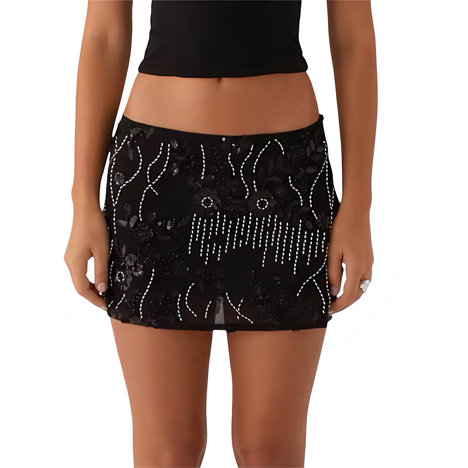 Black floral beaded sequin embellished low-rise slim fit pencil sheath short mini skirt with 3D flower pattern chic boho Ibiza style sexy rave festival party club wear summer vacation trendy fashion 2025 women teens it girl that girl euro summer with global shipping USA Canada UK Australia Europe Asia