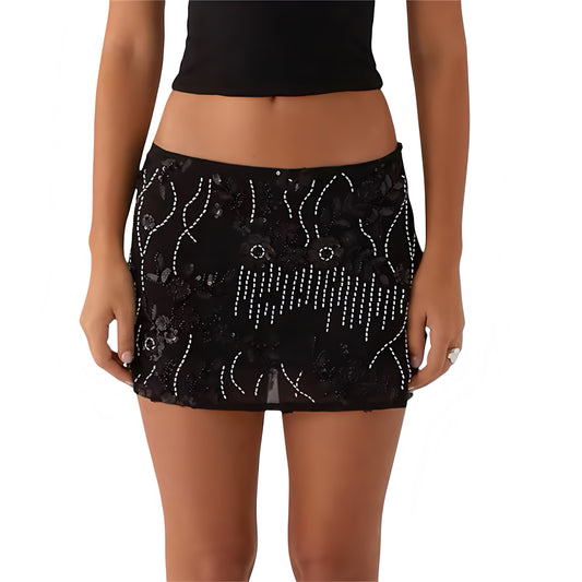 Black floral beaded sequin embellished low-rise slim fit pencil sheath short mini skirt with 3D flower pattern chic boho Ibiza style sexy rave festival party club wear summer vacation trendy fashion 2025 women teens it girl that girl euro summer with global shipping USA Canada UK Australia Europe Asia