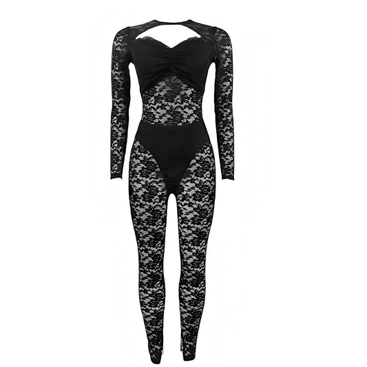 Black floral lace sheer translucent bodycon jumpsuit with long sleeves and backless design. Slim fit skinny fit shapewear silhouette with cut out hollow out detailing. Sexy see through lace romper bodysuit for womens teens ladies perfect for party night out clubwear rave festival y2k fashion baddie outfits halloween costume.
