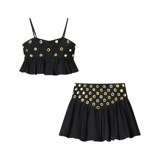 Black gold metallic mirror beaded patterned slim fit a-line flared ruffle trim drop waist plissé pleated short mini skirt dress set with spaghetti strap sleeveless backless crop top, matching top and bottoms outfit for women and teens, trendy boho chic feminine fashion, Euro summer Ibiza style, sexy club wear, party, vacation, holiday, beach, concert, festival night out 2025 with global shipping to USA, UK, Europe, Australia, and Canada.