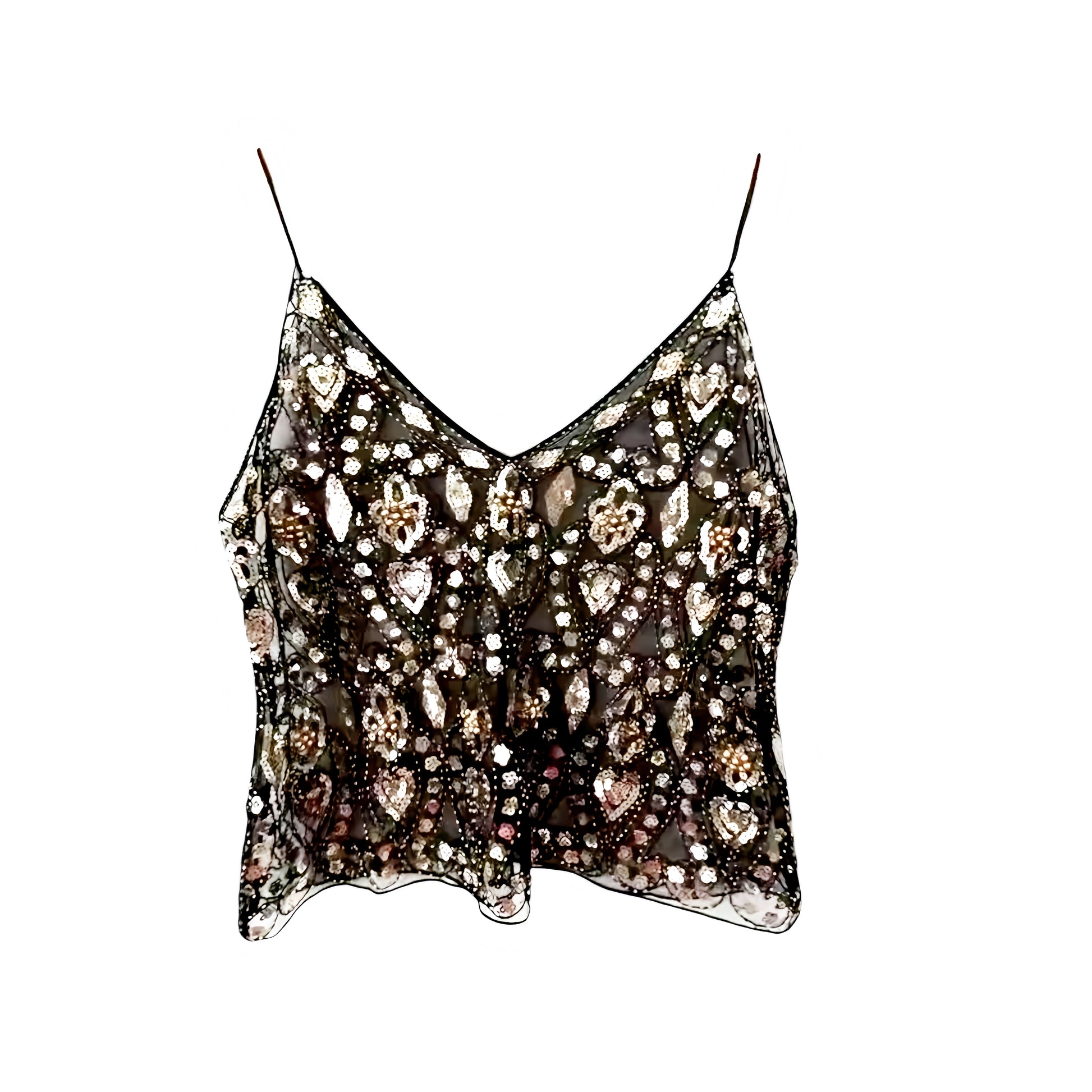 Black gold sequin embellished beaded v-neck boho tank top with metallic black, gold, and silver shimmer sparkle glitter sequined floral and geometric patterned design. Slim fit skinny fit sleeveless spaghetti strap backless crop camisole blouse for women, teens, and ladies. Chic trendy casual elegant sexy party top for beach vacation, summer vacation, euro summer, Ibiza fashion, rave outfit, festival outfit, concert outfit, disco party, club wear, night out, going out, NYE outfit, boho chic style, y2k.