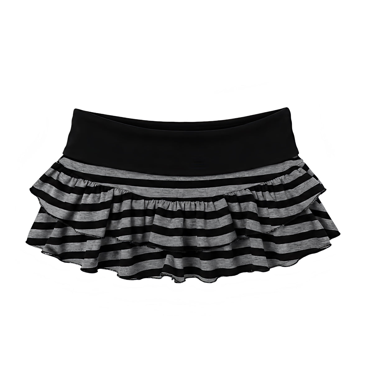 Black and dark grey striped layered ruffle low-rise micro mini skirt with wide low waist waistband, horizontal contrast stripes, tiered cascading ruffles, flouncy flared hem and ultra-short Y2K silhouette. Women’s fall autumn 2026 skirt for Y2K 2000s, scene girl, emo, goth, gothic, mall goth, grunge, punk, rock chic, rockstar GF, baddie, dark academia and streetwear style; party, club, NYE, rave, festival, concert, date night, going out and Halloween outfits.

