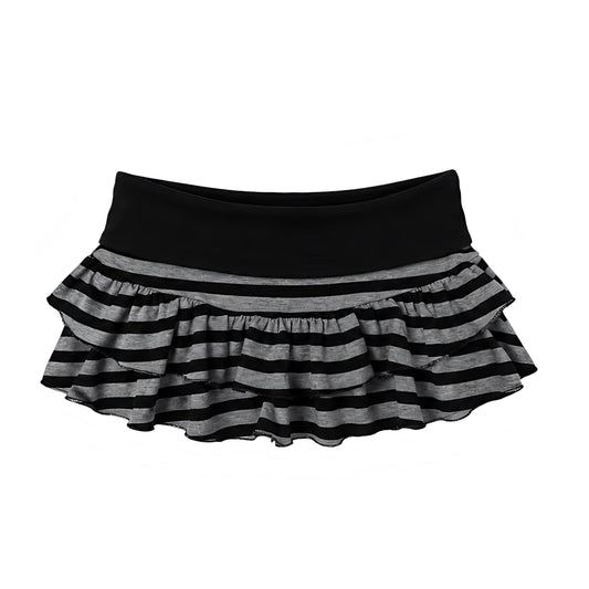 Black and dark grey striped layered ruffle low-rise micro mini skirt with wide low waist waistband, horizontal contrast stripes, tiered cascading ruffles, flouncy flared hem and ultra-short Y2K silhouette. Women’s fall autumn 2026 skirt for Y2K 2000s, scene girl, emo, goth, gothic, mall goth, grunge, punk, rock chic, rockstar GF, baddie, dark academia and streetwear style; party, club, NYE, rave, festival, concert, date night, going out and Halloween outfits.

