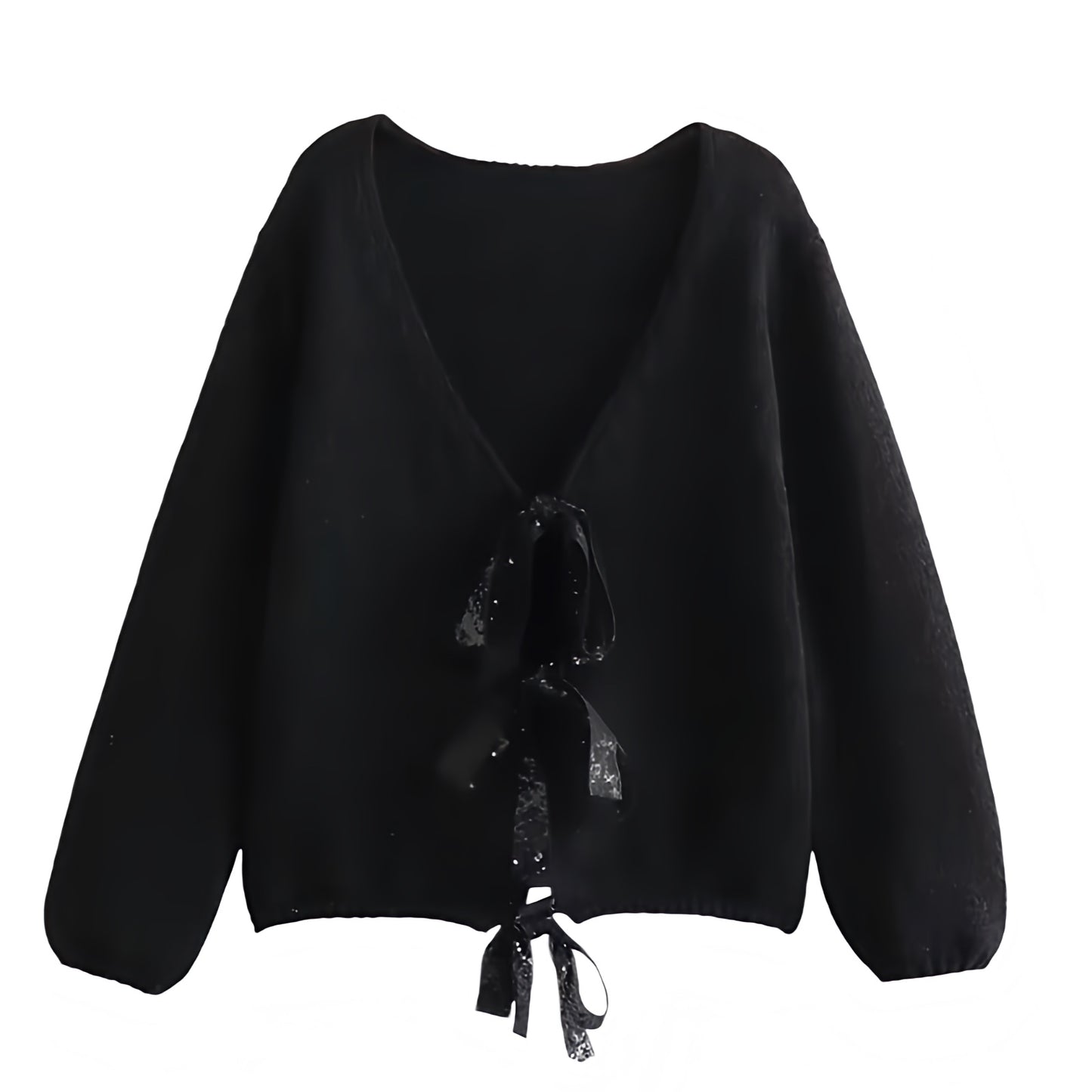Black Knit Oversized Bow V-Neck Long Sleeve Cropped Cardigan Sweater for women and teens. Soft, cozy, and lightweight knitwear with elegant bow embellishments, relaxed oversized fit, and long sleeves. Trendy coquette, Y2K, and soft girl aesthetic cardigan perfect for fall, winter, and holiday outfits. Feminine, chic, and elegant Scandinavian-inspired sweater. Ships globally and worldwide to the US, UK, Canada, Australia, Europe, and Asia.