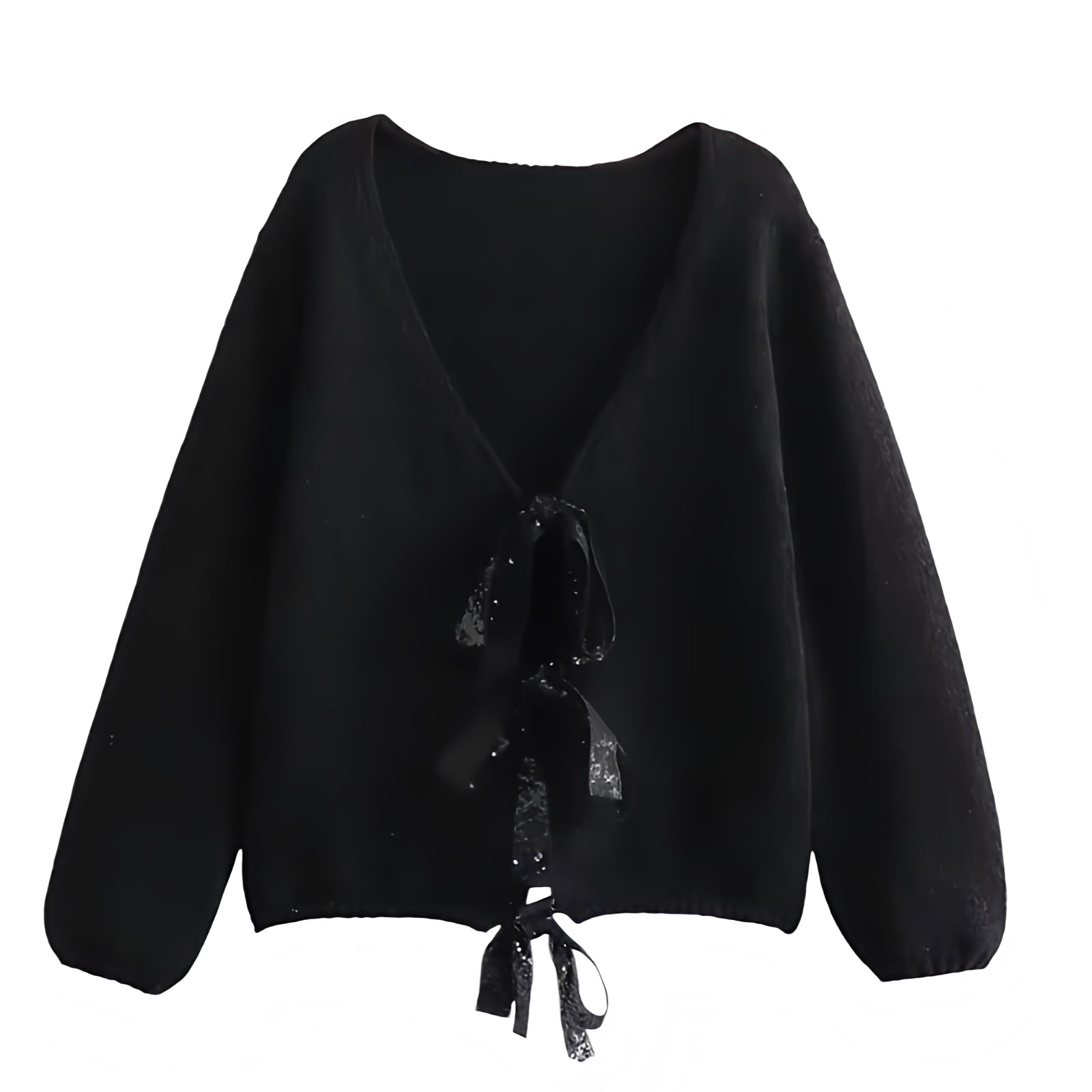 Black Knit Oversized Bow V-Neck Long Sleeve Cropped Cardigan Sweater for women and teens. Soft, cozy, and lightweight knitwear with elegant bow embellishments, relaxed oversized fit, and long sleeves. Trendy coquette, Y2K, and soft girl aesthetic cardigan perfect for fall, winter, and holiday outfits. Feminine, chic, and elegant Scandinavian-inspired sweater. Ships globally and worldwide to the US, UK, Canada, Australia, Europe, and Asia.