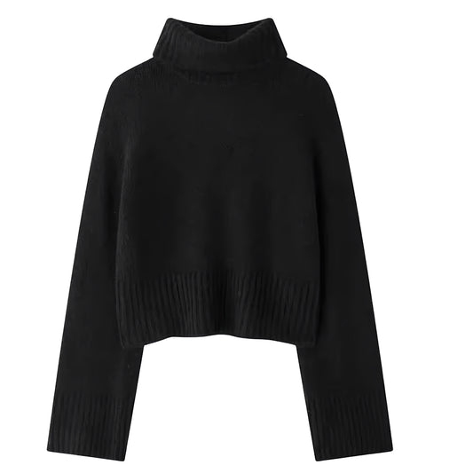 Black Knit Woolen Cropped Oversized Turtleneck Pullover Sweater for women and teens. Soft, cozy, and warm ribbed knitwear with thick woolen texture and relaxed fit. Elegant and trendy black chunky knit cropped jumper perfect for fall, winter, and holiday outfits. Feminine Scandinavian, soft girl, clean girl, and preppy style knitwear. Ships globally and worldwide to the US, UK, Canada, Australia, Europe, Asia, and more.