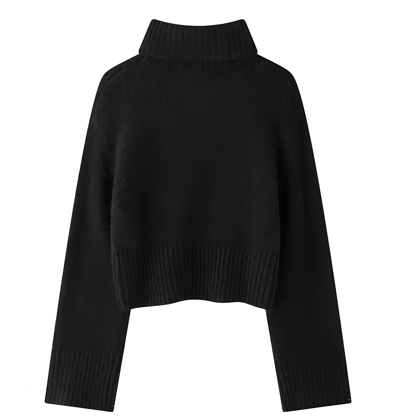 Black Knit Woolen Cropped Oversized Turtleneck Pullover Sweater for women and teens. Soft, cozy, and warm ribbed knitwear with thick woolen texture and relaxed fit. Elegant and trendy black chunky knit cropped jumper perfect for fall, winter, and holiday outfits. Feminine Scandinavian, soft girl, clean girl, and preppy style knitwear. Ships globally and worldwide to the US, UK, Canada, Australia, Europe, Asia, and more.